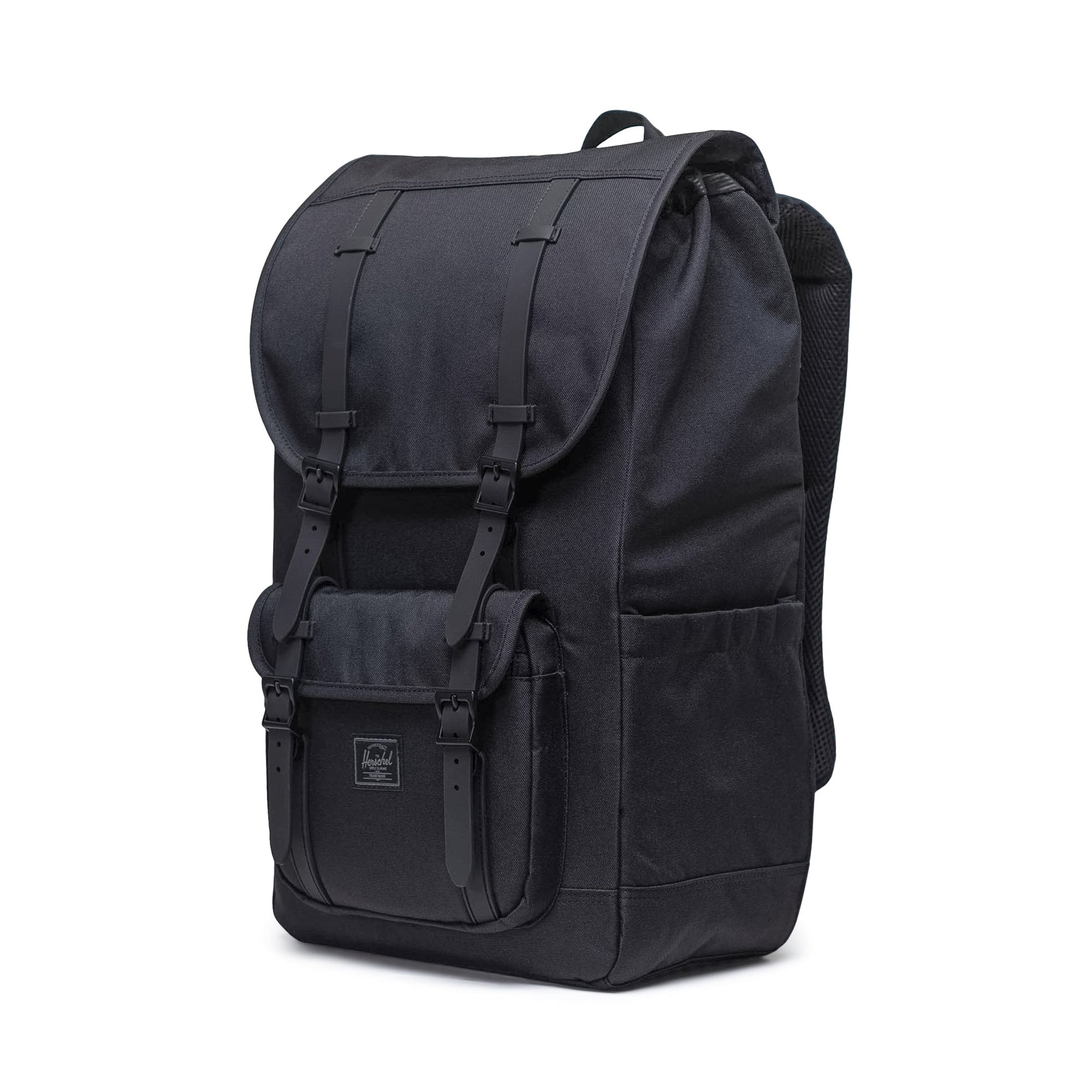 Herschel Little America backpack black tonal side view expandable bottle pocket detail
