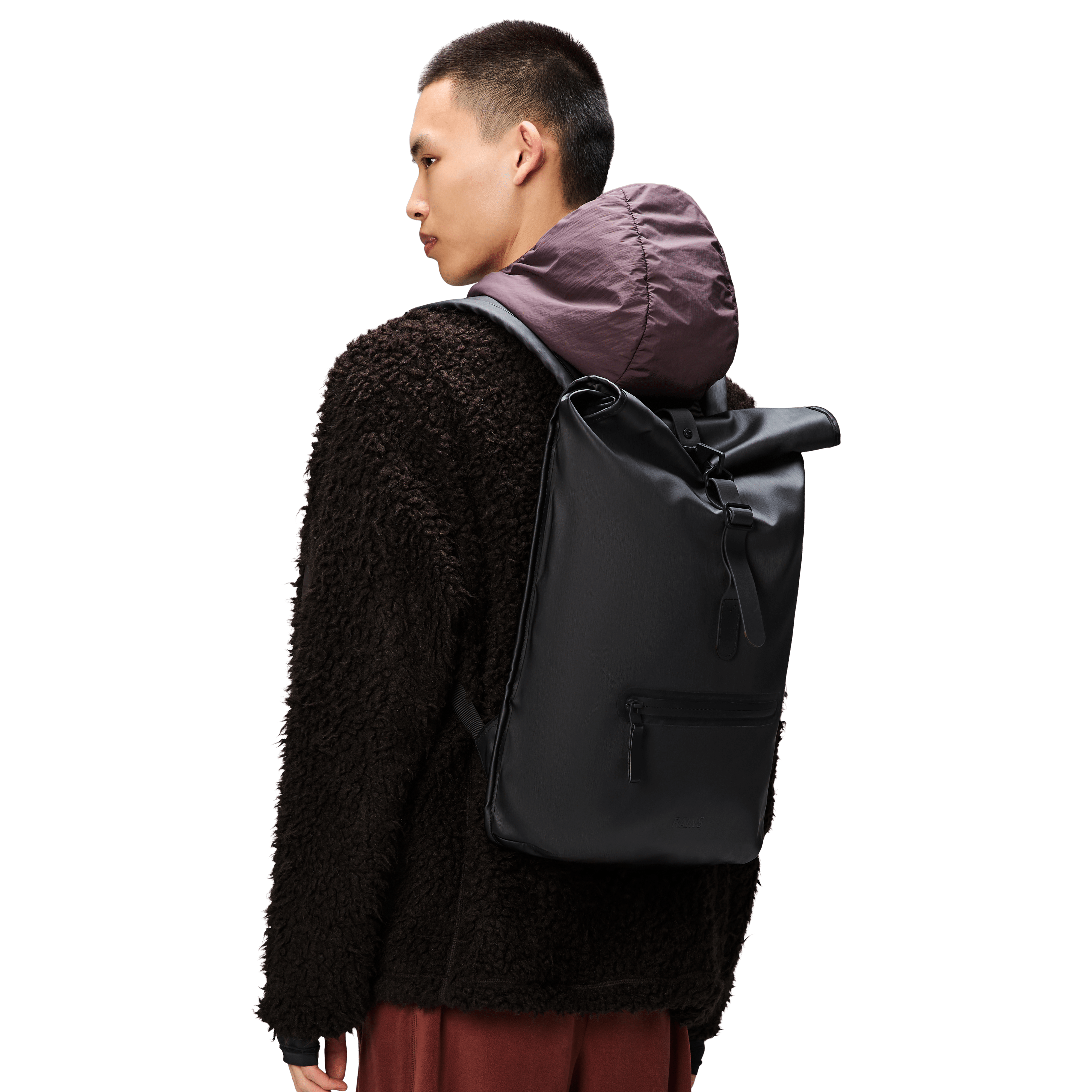 RAINS Rolltop Backpack W3 on body view